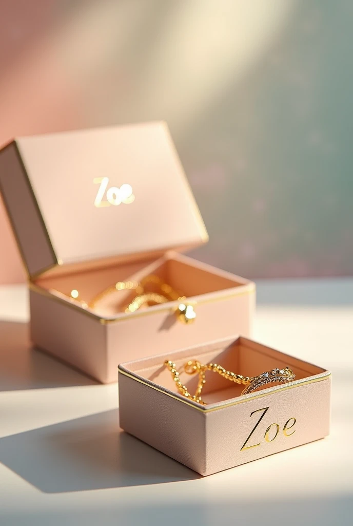 Create plain pastel golden jewel boxes with a closed and open gold border, with a chain inside, engraved with the name Zoe using a delicate font.