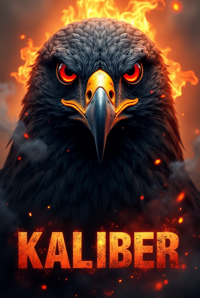 Just the face of a black faced hawk with red eyes with the words kaliber below it with Fire and smoke in the background