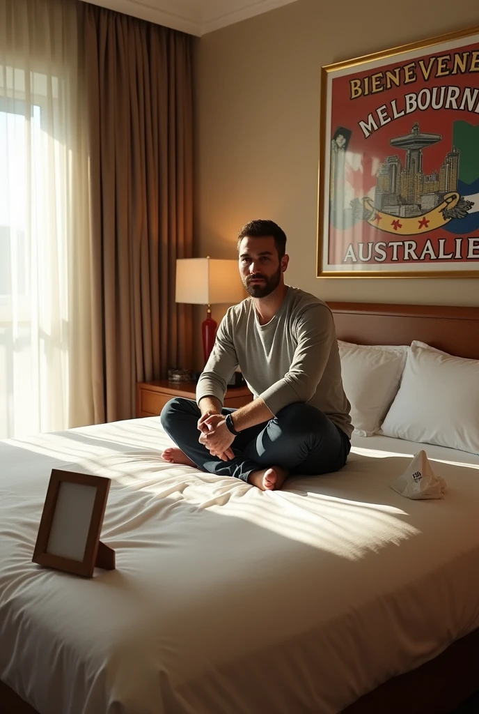 Homme caucasien grand de taille, charmant, un peu costaud, habillé en pantalon et tee-shirt manche longue, assis ou adossé sur une table dans une grande chambre d'hôtel et sur la table sur laquelle est assis ou adossé le charmant homme il faut qu'il y ait un papier mouchoir déjà utilisé sur la table et sur le lit de l'hôtel qu'il soit déposer un cadre photo grand ou moyen qu'il est possible de faire arrêter sur le lit et faire face à la caméra et sur le mur du chevet du lit un tableau sur lequel il est écrit en français : Bienvenue à Melbourne AUSTRALIE et autour de la phrase qu'il y ait les emblèmes du Canada Québec ou le drapeau du Canada Québec
