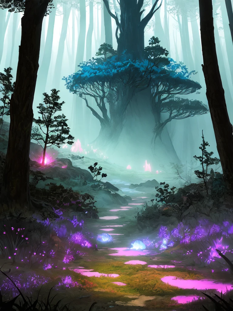 Neon-lit forest, dark fantasy landscape, vibrant neon lights, shadowy trees, glowing mushrooms, illuminated pathways, swirling mist, deep blues, purples, electric pinks, neon accents, eerie ambiance, otherworldly scene, moody atmosphere, glowing flora, enchanted woods, mysterious glow, shadowed terrain, surreal environment