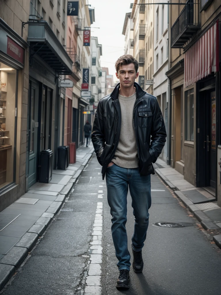 (extreme quality) semi-realistic, a person with hands in pockets walking down a street