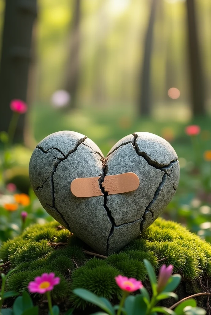 A cracked stone heart, mended with a band-aid.