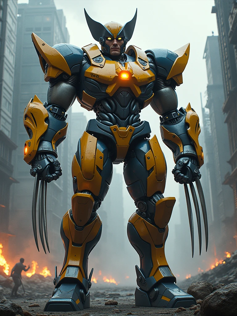 A stunning depiction of Wolverine reimagined as a giant mecha, blending the iconic elements of the character with futuristic robotic design. The Mecha Wolverine stands tall and imposing, with a powerful, muscular frame constructed from gleaming metal and advanced alloys. His iconic claws are now massive, retractable blades made of an unbreakable futuristic material, extending from his forearms with a menacing gleam.

The head of the mecha retains Wolverine's signature look, with sharp, angular features and a visor that glows with an intense, piercing light. His helmet incorporates the familiar pointed ear-like structures, adding to his fierce appearance. The body armor is detailed with intricate mechanical components, hydraulic systems, and glowing energy conduits that pulse with power, accentuating his formidable strength and agility.

The color scheme combines Wolverine's traditional yellow and blue, with sleek metallic finishes and glowing highlights that emphasize his mecha transformation. The background features a dystopian urban landscape, with towering skyscrapers and smoldering ruins, creating a dramatic and intense atmosphere.

The overall scene is dynamic and action-packed, capturing the essence of Wolverine's indomitable spirit and raw power in a futuristic, larger-than-life form.