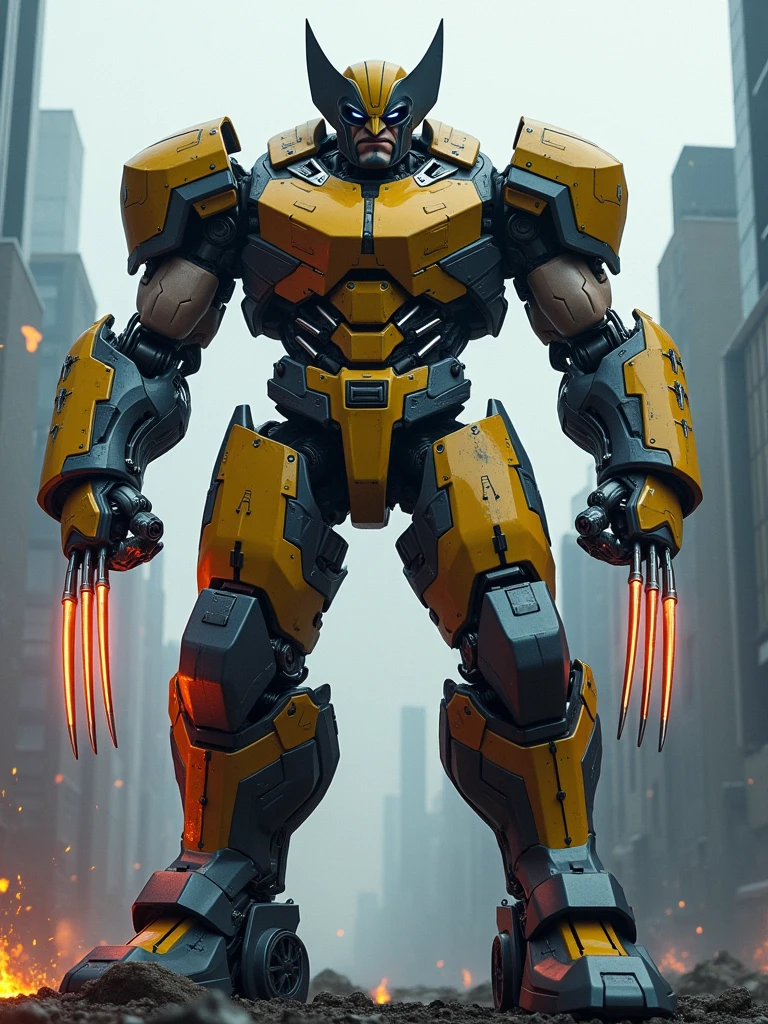 A stunning depiction of Wolverine reimagined as a giant mecha, blending the iconic elements of the character with futuristic robotic design. The Mecha Wolverine stands tall and imposing, with a powerful, muscular frame constructed from gleaming metal and advanced alloys. His iconic claws are now massive, retractable blades made of an unbreakable futuristic material, extending from his forearms with a menacing gleam.

The head of the mecha retains Wolverine's signature look, with sharp, angular features and a visor that glows with an intense, piercing light. His helmet incorporates the familiar pointed ear-like structures, adding to his fierce appearance. The body armor is detailed with intricate mechanical components, hydraulic systems, and glowing energy conduits that pulse with power, accentuating his formidable strength and agility.

The color scheme combines Wolverine's traditional yellow and blue, with sleek metallic finishes and glowing highlights that emphasize his mecha transformation. The background features a dystopian urban landscape, with towering skyscrapers and smoldering ruins, creating a dramatic and intense atmosphere.

The overall scene is dynamic and action-packed, capturing the essence of Wolverine's indomitable spirit and raw power in a futuristic, larger-than-life form.