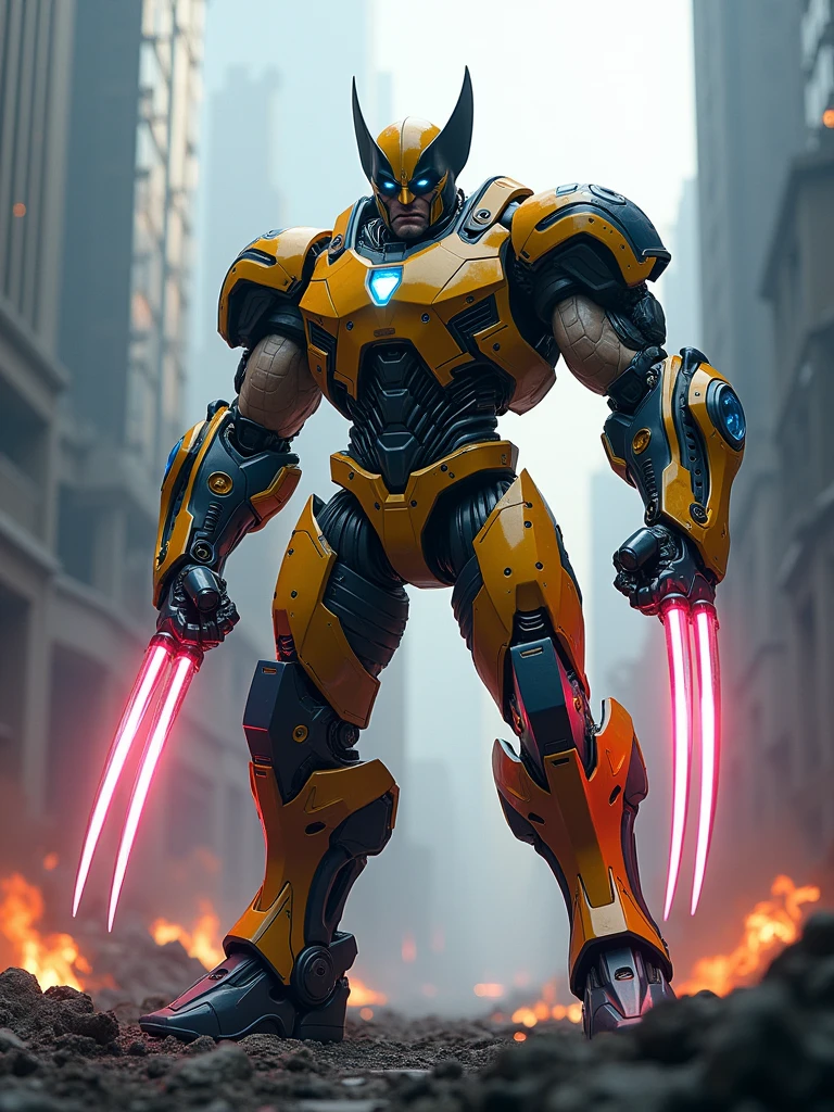 A stunning depiction of Wolverine reimagined as a giant mecha, blending the iconic elements of the character with futuristic robotic design. The Mecha Wolverine stands tall and imposing, with a powerful, muscular frame constructed from gleaming metal and advanced alloys. His iconic claws are now massive, retractable blades made of an unbreakable futuristic material, extending from his forearms with a menacing gleam.

The head of the mecha retains Wolverine's signature look, with sharp, angular features and a visor that glows with an intense, piercing light. His helmet incorporates the familiar pointed ear-like structures, adding to his fierce appearance. The body armor is detailed with intricate mechanical components, hydraulic systems, and glowing energy conduits that pulse with power, accentuating his formidable strength and agility.

The color scheme combines Wolverine's traditional yellow and blue, with sleek metallic finishes and glowing highlights that emphasize his mecha transformation. The background features a dystopian urban landscape, with towering skyscrapers and smoldering ruins, creating a dramatic and intense atmosphere.

The overall scene is dynamic and action-packed, capturing the essence of Wolverine's indomitable spirit and raw power in a futuristic, larger-than-life form.