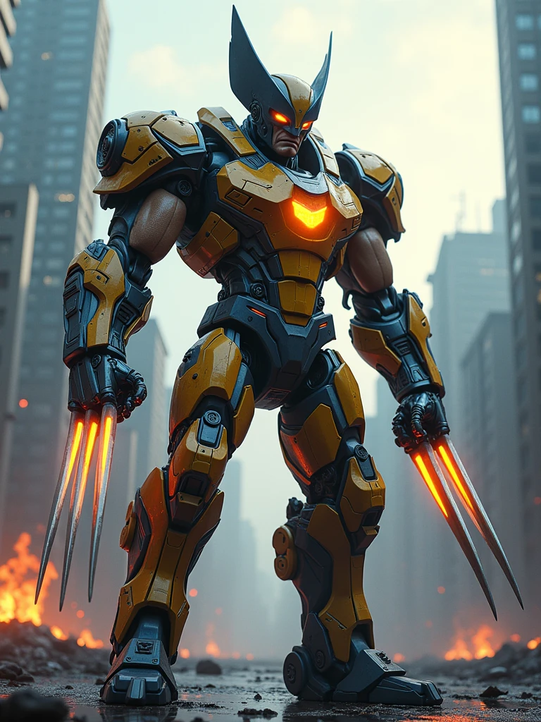 A stunning depiction of Wolverine reimagined as a giant mecha, blending the iconic elements of the character with futuristic robotic design. The Mecha Wolverine stands tall and imposing, with a powerful, muscular frame constructed from gleaming metal and advanced alloys. His iconic claws are now massive, retractable blades made of an unbreakable futuristic material, extending from his forearms with a menacing gleam.
The head of the mecha retains Wolverine's signature look, with sharp, angular features and a visor that glows with an intense, piercing light. His helmet incorporates the familiar pointed ear-like structures, adding to his fierce appearance. The body armor is detailed with intricate mechanical components, hydraulic systems, and glowing energy conduits that pulse with power, accentuating his formidable strength and agility.
The color scheme combines Wolverine's traditional yellow and blue, with sleek metallic finishes and glowing highlights that emphasize his mecha transformation. The background features a dystopian urban landscape, with towering skyscrapers and smoldering ruins, creating a dramatic and intense atmosphere.
The overall scene is dynamic and action-packed, capturing the essence of Wolverine's indomitable spirit and raw power in a futuristic, larger-than-life form.