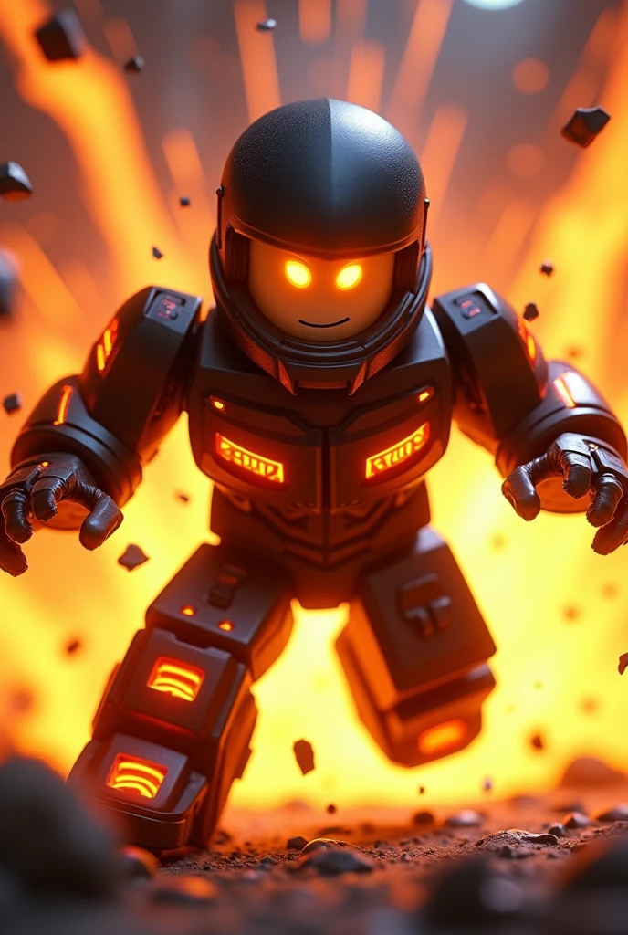 Create an image where a Roblox character is attacking the screen up close with details and yellow and orange glows. He is wearing a black helmet with an orange glow.