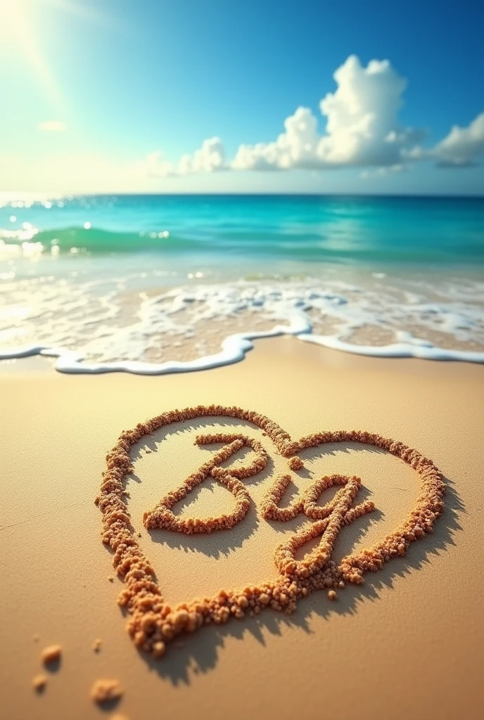 Drawing a heart in the sand near the sea and writing "Big" inside that heart
