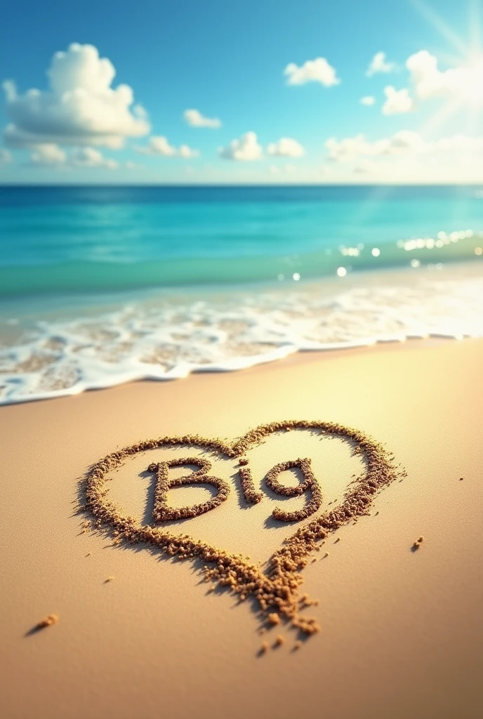 Drawing a heart in the sand near the sea and writing "Big" inside that heart