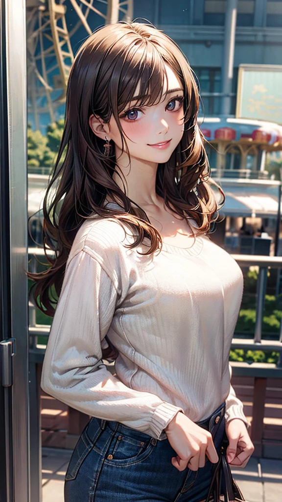 (masterpiece:1.2, top-quality), (realistic, photorealistic:1.4), beautiful illustration, (natural side lighting, movie lighting), nsfw,
looking at viewer, 1 girl, japanese, high school girl, perfect face, cute and symmetrical face, babyface, shiny skin,
(long hair, straight hair, hair flaps, bronze hair), swept bangs, brown eyes, long eye lasher, (large breasts 1,5), slender,
beautiful hair, beautiful face, beautiful detailed eyes, beautiful clavicle, beautiful body, beautiful chest, beautiful thigh, beautiful legs, beautiful fingers,
(detailed cloth texture, break, long sleeves white sweater, break, denim short),
(beautiful scenery), morning, (amusement park, go-round, ferris wheel), standing, (lovely smile),