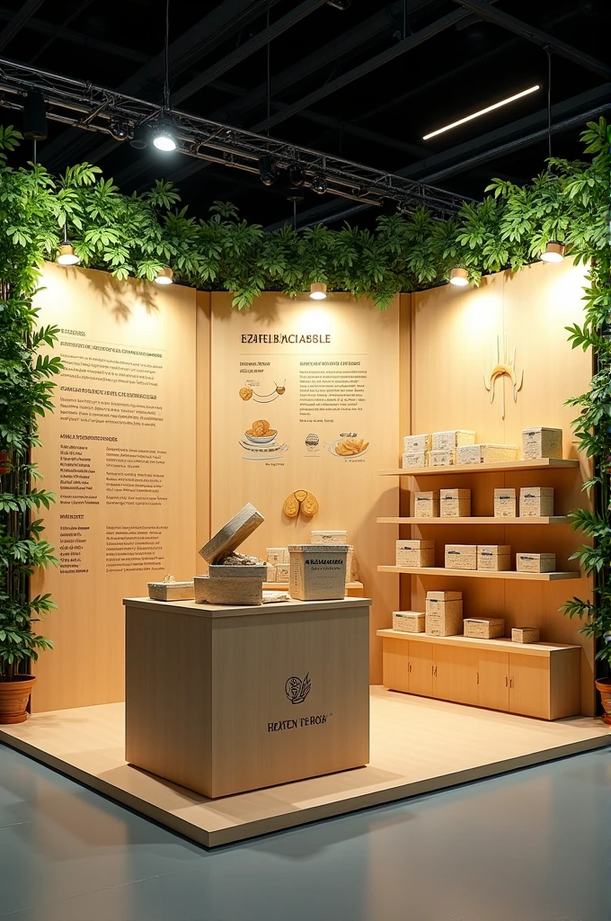 generate 5 to 6 images of kiosk 3d exhibition stall display for product biodegradable rice husk food packaging box with food moisture absorber packet