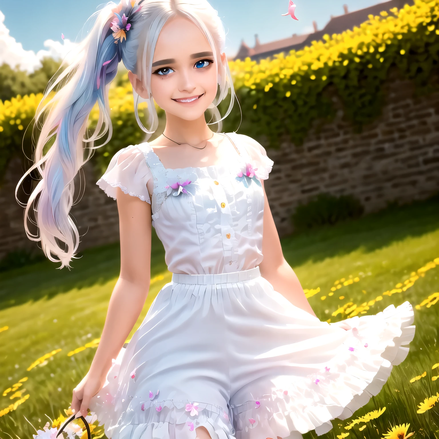 masterpiece, best quality, 1girl, (colorful),(finely detailed beautiful eyes and detailed face),cinematic lighting,bust shot,extremely detailed CG unity 8k wallpaper,white hair,solo,smile,intricate skirt,((flying petal)),(Flowery meadow) sky, cloudy_sky, building, moonlight, moon, night, (dark theme:1.3), light, fantasy,
