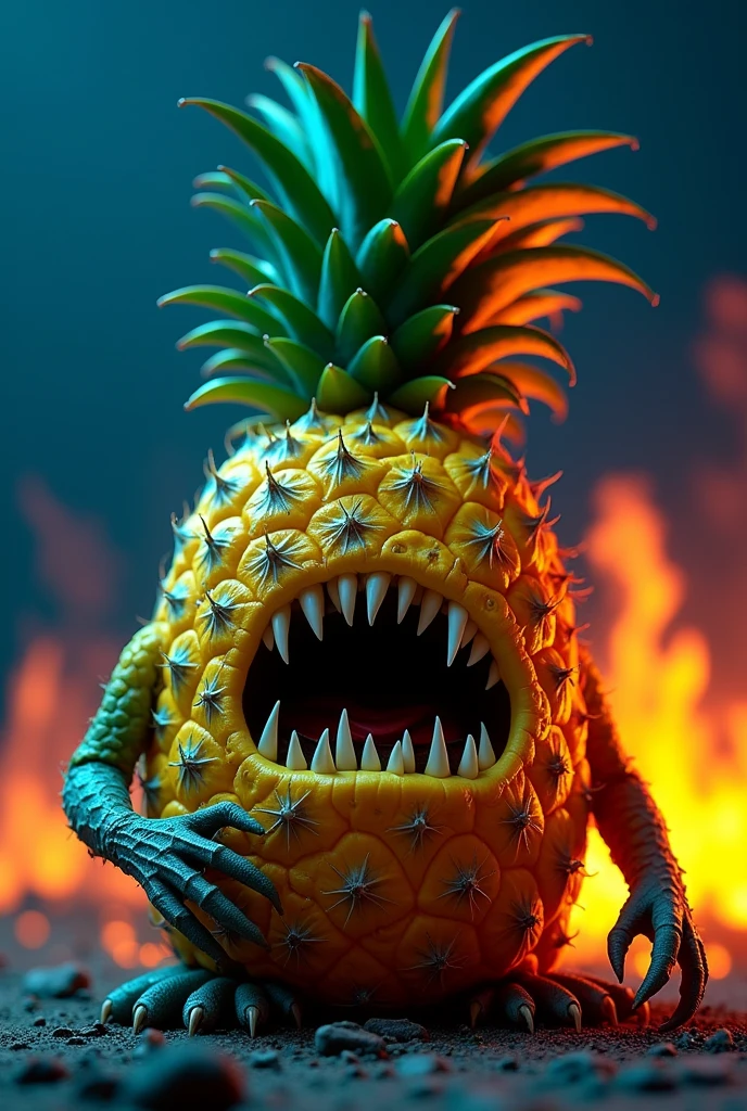 Turns a pineapple into a character with
monster features. Think about
how you can give it a terrifying
or peculiar appearance by adding
details like fangs, claws, eyes
large, etc. Uses a triad scheme
uses three equidistant colors
on the color wheel, which creates
a balanced and vibrant contrast.