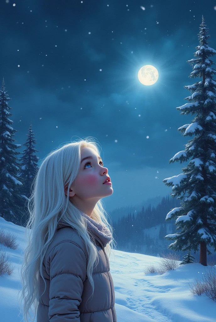 Snowy hair girl gazing a starry dark night 