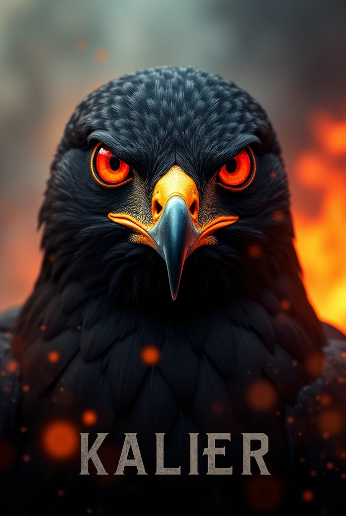 Just the face of a black faced hawk with red eyes with the words kaliber below it with Fire and smoke in the background