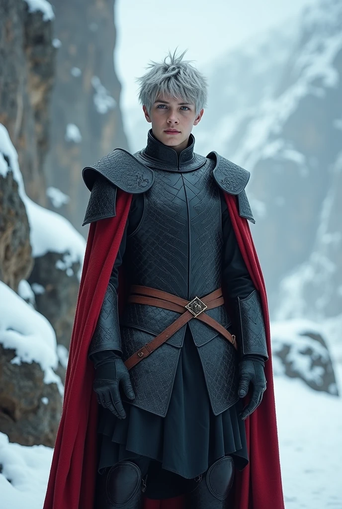 one men , tall skinny, rico, of Valyrian blood, GOT character style, stark, black and red armor, with 15 years, silver-haired, with a beardless face, unsmooth skin