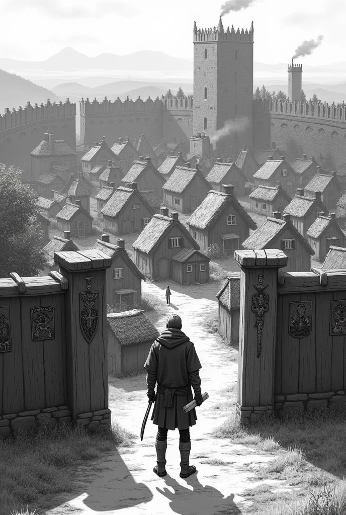 make a village human perspective of just a sketch of black and white village with large walls and shield