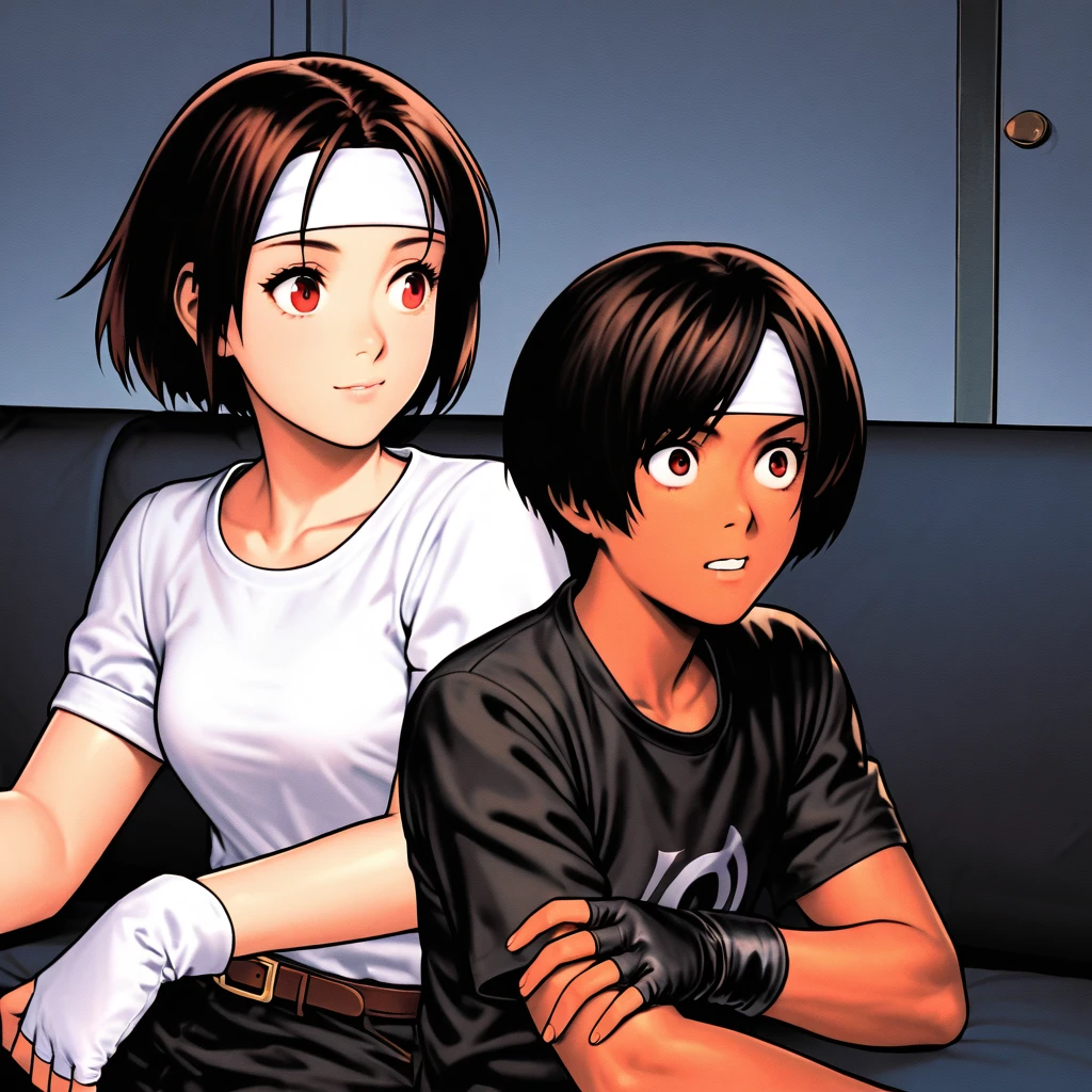 Single, female, short cut, dark hair, dark skin, red eyes, ((black jacket with rolled up arms)), fingerless gloves, white T-shirt, (white headband on forehead), black pants, white shoes, brown belt, cute, indoor-oriented, charming, top quality, neat face, neat eyes, sitting on black sofa She is smoking, looking at her smart phone, lying down, beautiful Japanese girl, she is surprised to see the front of the room. Her eyes are wide open, her gaze is slightly downward, her mouth is half open,