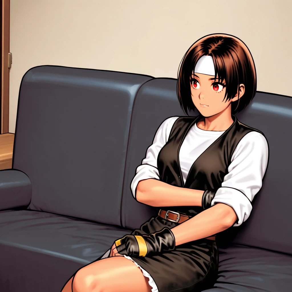 Single, female, short cut, dark hair, dark skin, red eyes, ((black jacket with rolled up arms)), fingerless gloves, white T-shirt, (white headband on forehead), black pants, white shoes, brown belt, cute, indoor-oriented, charming, top quality, neat face, neat eyes, sitting on black sofa She is smoking, looking at her smart phone, lying down, beautiful Japanese girl, she is surprised to see the front of the room. Her eyes are wide open, her gaze is slightly downward, her mouth is half open,