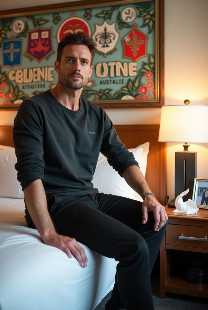 Homme caucasien grand de taille, charmant, un peu costaud, habillé en pantalon et tee-shirt manche longue, assis ou adossé sur une table dans une grande chambre d'hôtel et sur la table sur laquelle est assis ou adossé le charmant homme il faut qu'il y ait un papier mouchoir déjà utilisé sur la table et sur le lit de l'hôtel qu'il soit déposer un cadre photo grand ou moyen qu'il est possible de faire arrêter sur le lit et faire face à la caméra et sur le mur du chevet du lit un tableau sur lequel il est écrit en français : Bienvenue à Melbourne AUSTRALIE et autour de la phrase qu'il y ait les emblèmes du Canada Québec ou le drapeau du Canada Québec