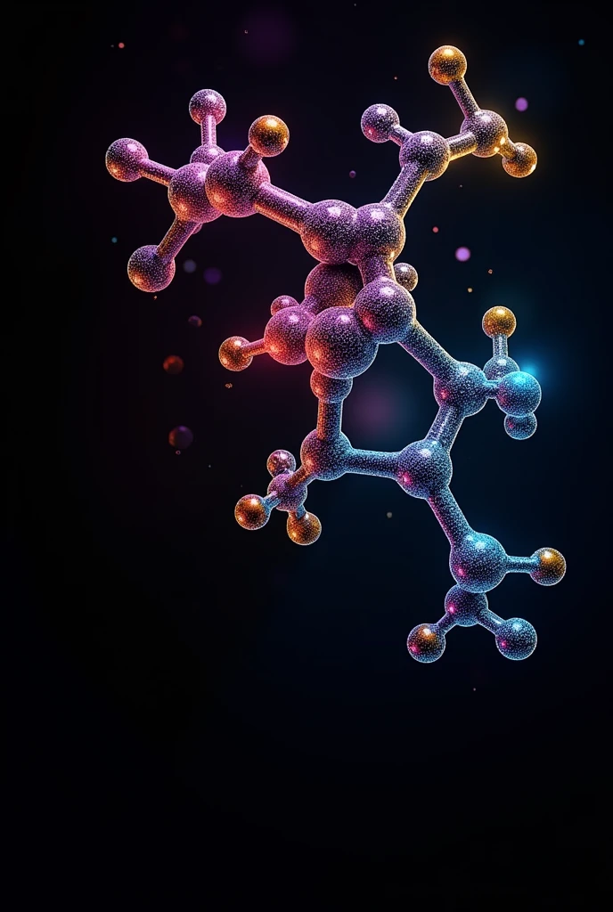 Image to put on the cover of a biochemistry book with a black background so that organic molecules and biochemistry can be seen, looking to leave a large black space in the lower right