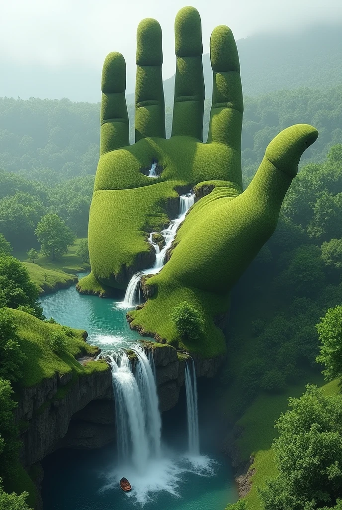 A surreal, dreamlike landscape where a giant anatomical correct hand rises from the ground. The hand is detailed with lush grass and miniature trees on the surface. A crystal-clear river flows through the palm, cascading down in a waterfall at the edge of the hand. A small boat floats on the river below. Misty horizon. Amazingly detailed, colossal scale, ultra-realistic, photorealistic details, hyper-detailed, natural lighting, cinematic quality, sharp focus, real-world textures, high dynamic range
