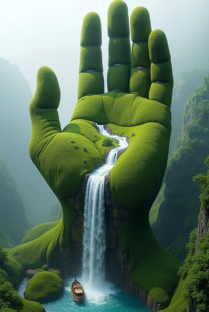 A surreal, dreamlike landscape where a giant anatomical correct hand rises from the ground. The hand is detailed with lush grass and miniature trees on the surface. A crystal-clear river flows through the palm, cascading down in a waterfall at the edge of the hand. A small boat floats on the river below. Misty horizon. Amazingly detailed, colossal scale, ultra-realistic, photorealistic details, hyper-detailed, natural lighting, cinematic quality, sharp focus, real-world textures, high dynamic range