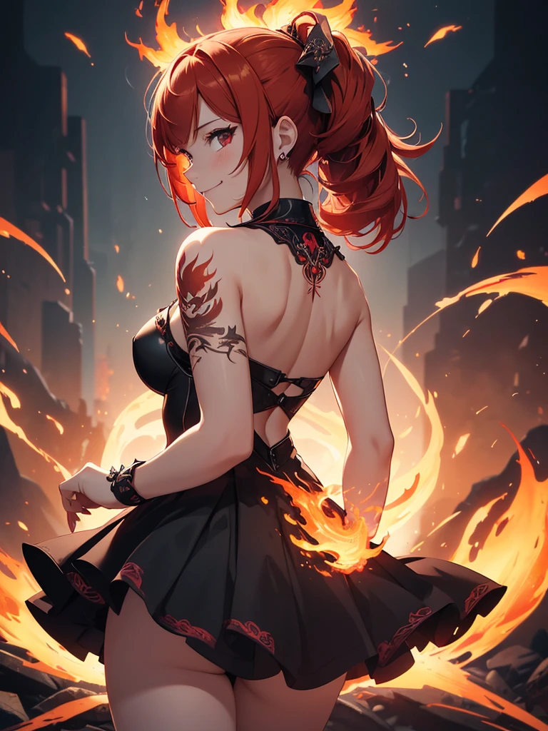 (((best quality, sharp image, clear image, cinematic lighting, 8k resolution, masterpiece, ultra detailed, intricate))) Girl, (((looking over left shoulder))), (shot from behind), ((shot from hip up)), fiery red hair, pigtails, ((intricate black dress)), ((flaming sigils, flaming runes)), spiky rock formations, (flaming lotus flowers frame), (intricate background), (chaotic background), ((Phoenix)), (swirling flames), smiling,tatoo on back