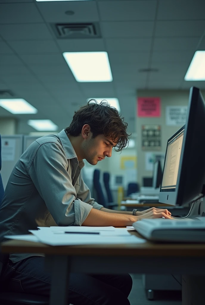 sad young man working as an employee at a company