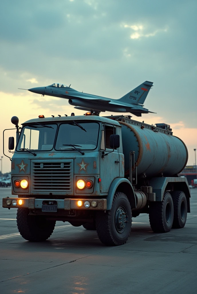 Soviet medium-sized advanced cab tank truck, 1980s military blue-gray paint, air force, in the rear a tank and system for aircraft refueling, refueling a 1960s-style jet fighter at an airbase, round headlights with auxiliary lights and auxiliary lighting.
