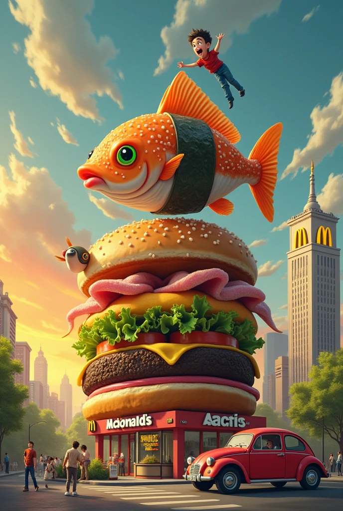 A sushi is eating a sashimi, which is eating a fish, which is eating a burger, which is eating a McDonald's, which is eating a human, who is eating a car, which is eating a building.
