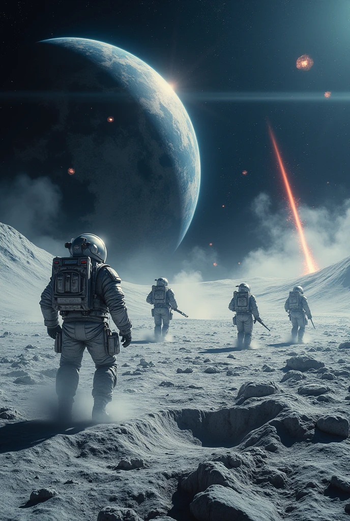 Kazakh army with weapons fights with Russian troops on the moon
