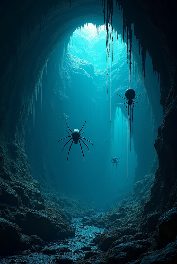 (Best Quality,4k,8k,High resolution, masterpiece:1.2),ultra detailed, sharp focus,(realist,photorealist,fotorrealista:1.37),extremely fine details, intricate details,vivid colors,intense colours,Deep contrast,cinematic depth of field,cinematographic composition,cinematic camera angle(Photography focused on caves with bioluminescent stalactites.:1.5 strange giant insects :1.5 .), Mining landscape with bioluminescent stalactites., quiet, , minimalist, dark and humid environment:1.4 , spiderweb, dusty, Disturbing silence, crumbling walls, dark space, colores quiets, mysterious atmosphere, (raw photo, Best Quality, masterpiece, Fotorrealist, Of the highest quality, Maximum image quality, High resolution, 8k, High Definition:1.2), Vibrant,Ethereal lighting,sharp focus,ultra detailed,((Extremely detailed 8k unified CG wallpaper)), texturas surrealists y oníricas,magical and mysterious essence,unexplored and undiscovered wonders,sculptural and abstract elements,transcendent composition, visual effects, fotorrealists, digital composition master class
