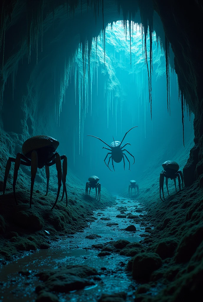 (Best Quality,4k,8k,High resolution, masterpiece:1.2),ultra detailed, sharp focus,(realist,photorealist,fotorrealista:1.37),extremely fine details, intricate details,vivid colors,intense colours,Deep contrast,cinematic depth of field,cinematographic composition,cinematic camera angle(Photography focused on caves with bioluminescent stalactites.:1.5 strange giant insects :1.5 .), Mining landscape with bioluminescent stalactites., quiet, , minimalist, dark and humid environment:1.4 , spiderweb, dusty, Disturbing silence, crumbling walls, dark space, colores quiets, mysterious atmosphere, (raw photo, Best Quality, masterpiece, Fotorrealist, Of the highest quality, Maximum image quality, High resolution, 8k, High Definition:1.2), Vibrant,Ethereal lighting,sharp focus,ultra detailed,((Extremely detailed 8k unified CG wallpaper)), texturas surrealists y oníricas,magical and mysterious essence,unexplored and undiscovered wonders,sculptural and abstract elements,transcendent composition, visual effects, fotorrealists, digital composition master class