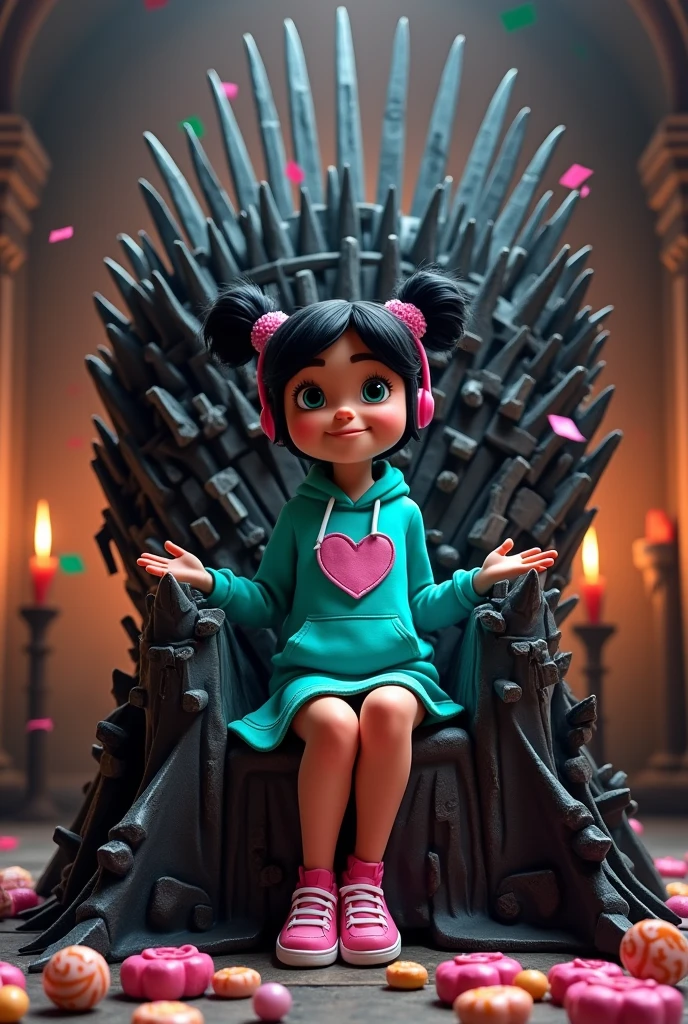 Generate an image of Vanellope from Wreck-It Ralph sitting on the Iron Throne