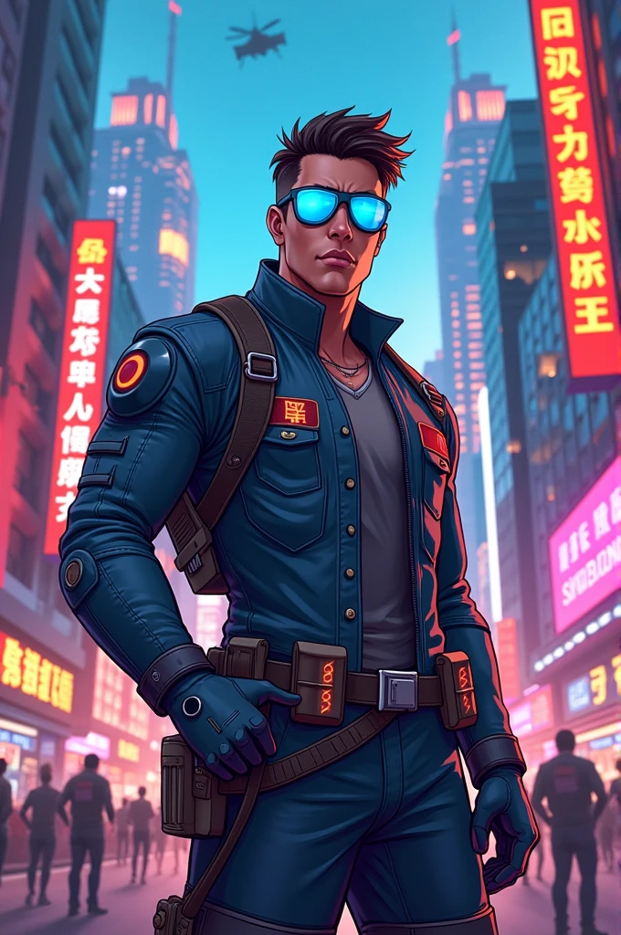 To have an image of a male light operator in a futuristic style, broad in a cartoon or anime but realistic mode