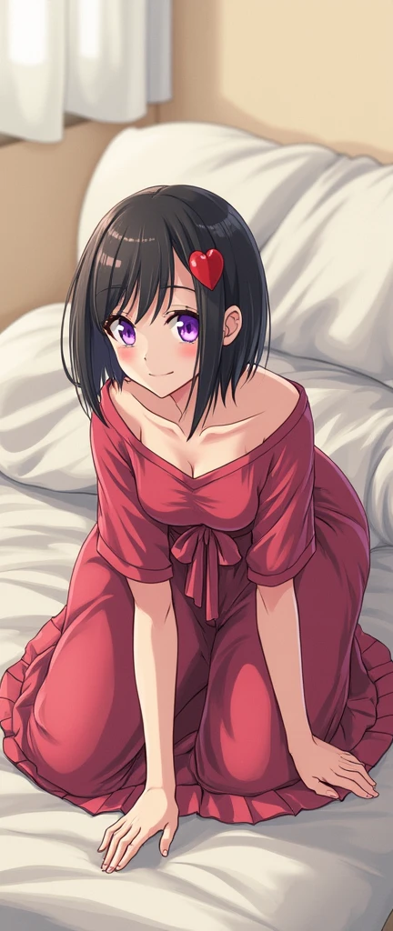 8k, Highest, quality, (highest quality: 1.1), (masterpiece: 1.4), (nude: 1.0), 1 person, Momo Deviluke, hair ornament, bobcut, short hair black hair, purple eyes, slim waist, medium chest, ((wet vagina)), naked, masturbating, having casual sex, penis stuck in vagina((bed) ),((In her room)), ( blushing: 1.2), smiling, （Perfect Fingers）, mesugaki, ((pussy focus)), (((crawling))), facing backwards,