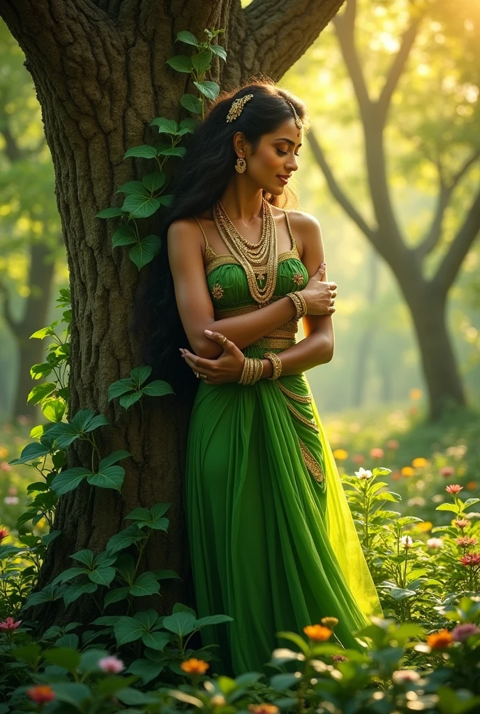 A godess in golded jewellery in green mystical dress hugging an ashoka tree, she has a happy expression in her eyes, she looks divine and beautiful