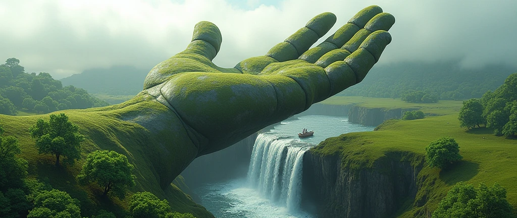 A surreal, dreamlike landscape where a giant anatomical correct hand rises from the ground. The hand is detailed with lush grass and miniature trees on the surface. A crystal-clear river flows through the palm, cascading down in a waterfall at the edge of the hand. A small boat floats on the river below. Misty horizon. Amazingly detailed, colossal scale, ultra-realistic, photorealistic details, hyper-detailed, natural lighting, cinematic quality, sharp focus, real-world textures, high dynamic range