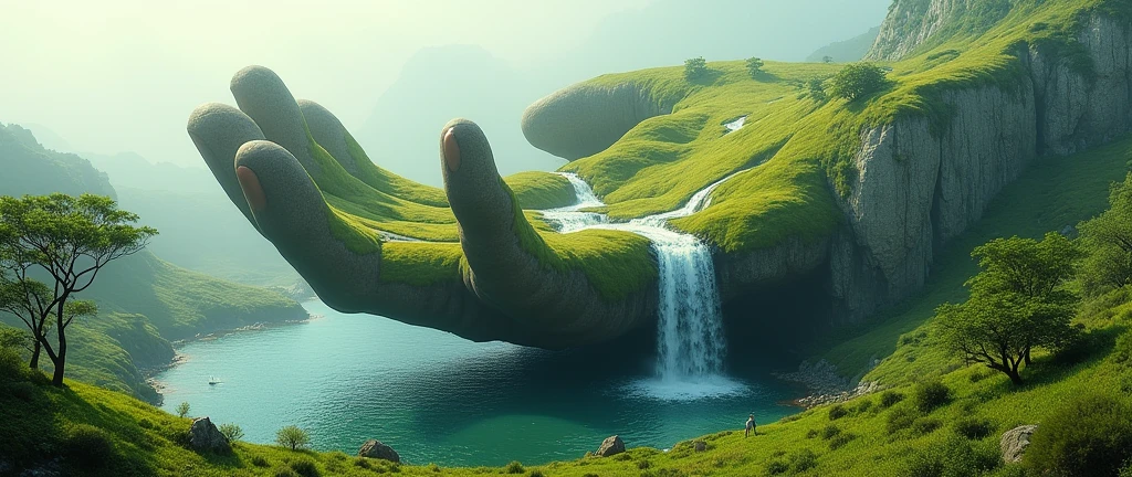 A surreal, dreamlike landscape where a giant anatomical correct hand rises from the ground. The hand is detailed with lush grass and miniature trees on the surface. A crystal-clear river flows through the palm, cascading down in a waterfall at the edge of the hand. A small boat floats on the river below. Misty horizon. Amazingly detailed, colossal scale, ultra-realistic, photorealistic details, hyper-detailed, natural lighting, cinematic quality, sharp focus, real-world textures, high dynamic range