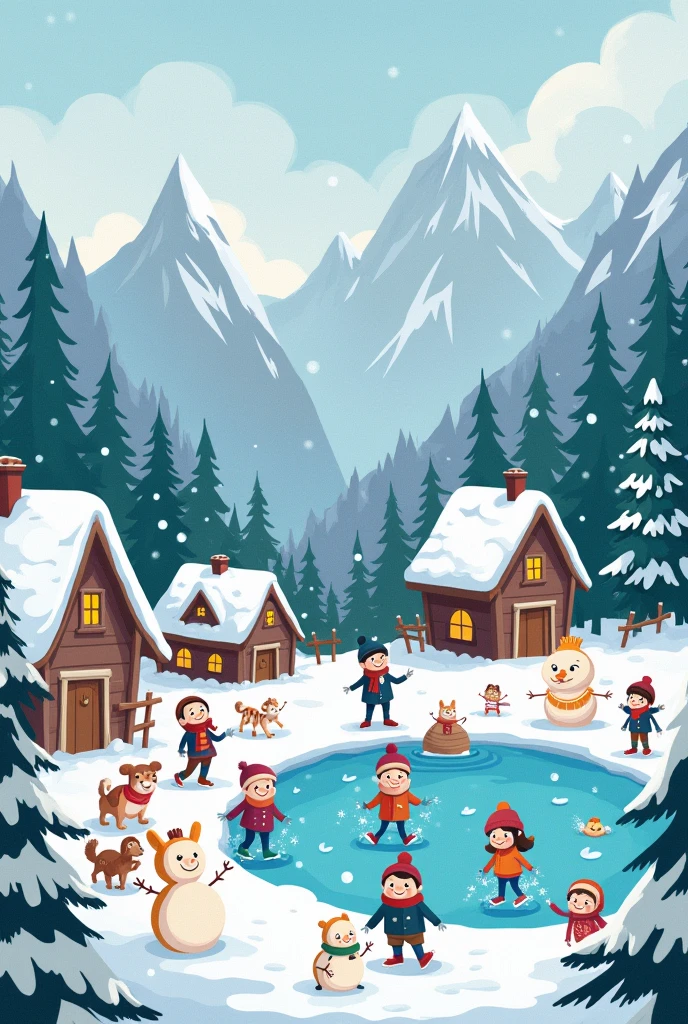 Village among mountains and forests, harsh winter, cartoons