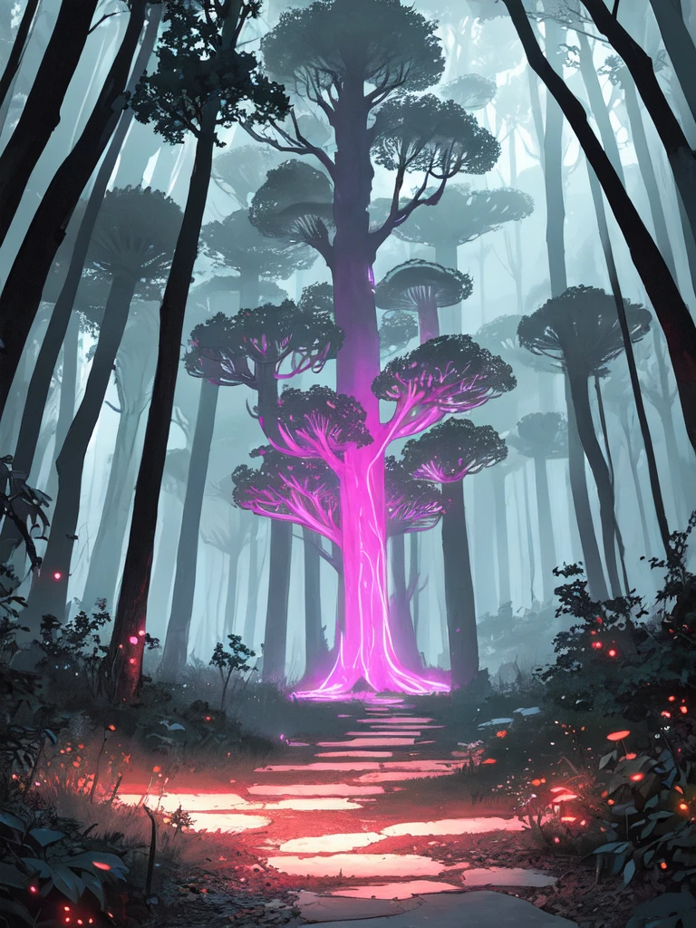 Neon-lit forest, dark fantasy landscape, vibrant neon lights, shadowy trees, glowing mushrooms, illuminated pathways, swirling mist, deep blues, purples, electric pinks, neon accents, eerie ambiance, otherworldly scene, moody atmosphere, glowing flora, enchanted woods, mysterious glow, shadowed terrain, surreal environment