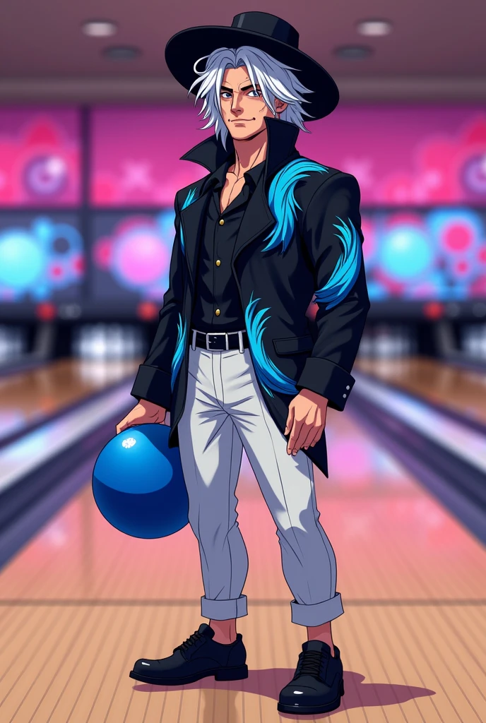 anime style draw. a man of , Scrawny, with messy white hair, with a black hat, in black clothes with a blue feather print, with white pants without a pattern , holding a blue bowling ball, on a realistic bowling court