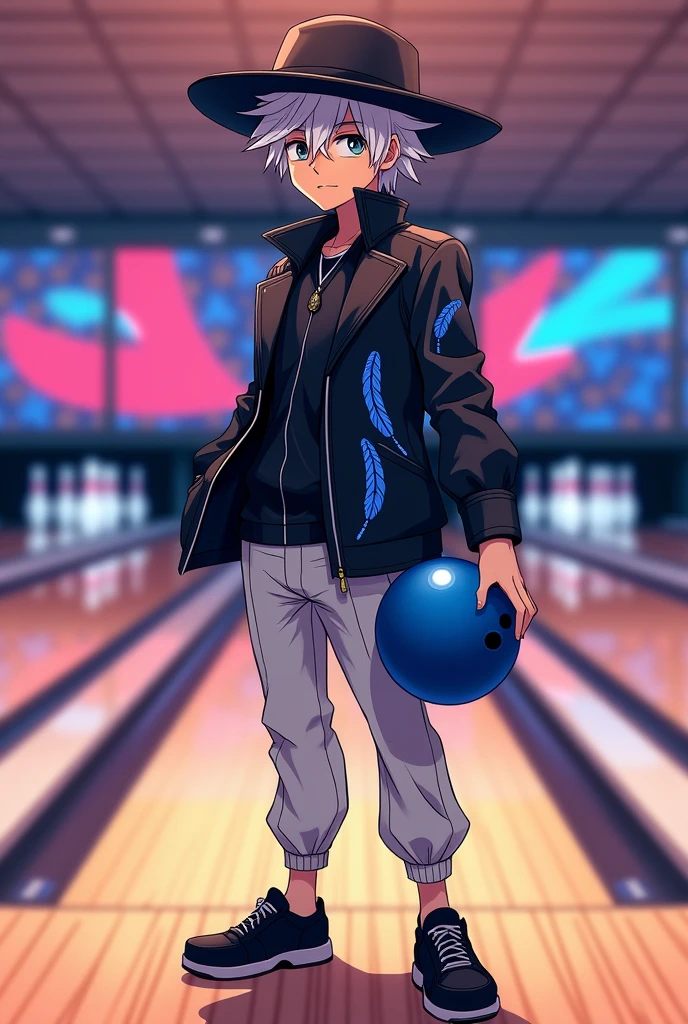 anime style draw. a man of , Scrawny, with messy white hair, with a black hat, in black clothes with a blue feather print, with white pants without a pattern , holding a blue bowling ball, on a realistic bowling court