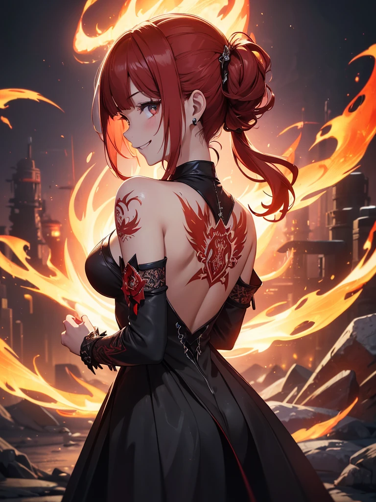 (((best quality, sharp image, clear image, cinematic lighting, 8k resolution, masterpiece, ultra detailed, intricate))) Girl, (((looking over left shoulder))), (shot from behind), ((shot from hip up)), fiery red hair, pigtails, ((intricate black dress)), ((flaming sigils, flaming runes)), spiky rock formations, (flaming lotus flowers frame), (intricate background), (chaotic background), ((Phoenix)), (swirling flames), smiling,tatoo on back