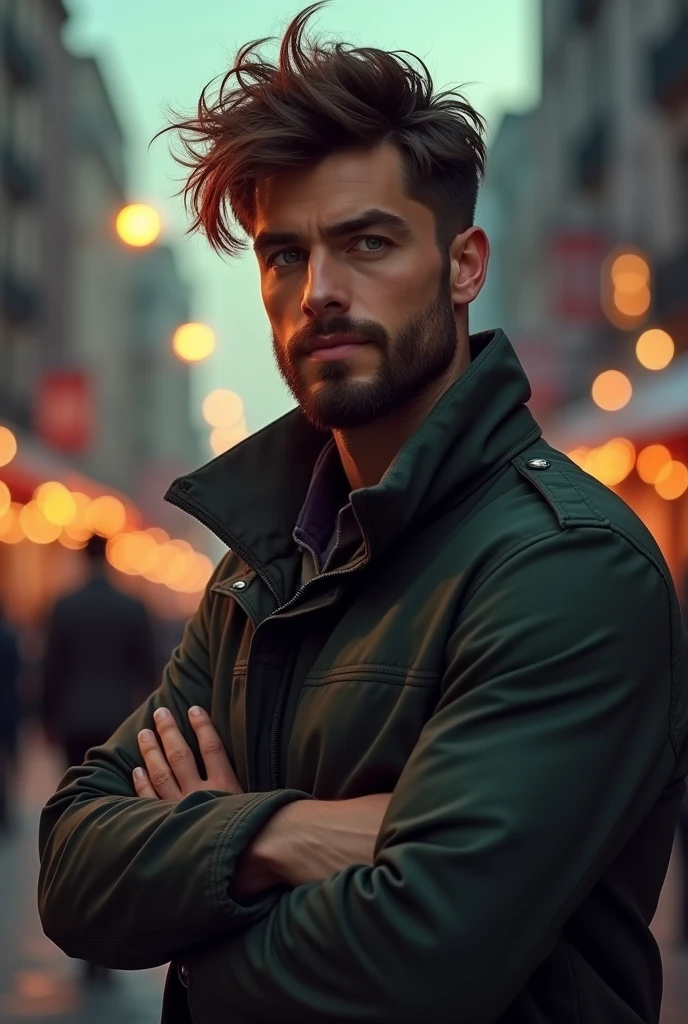 A tall, brown-haired man with a beard and dark green eyes, but with small eyes.