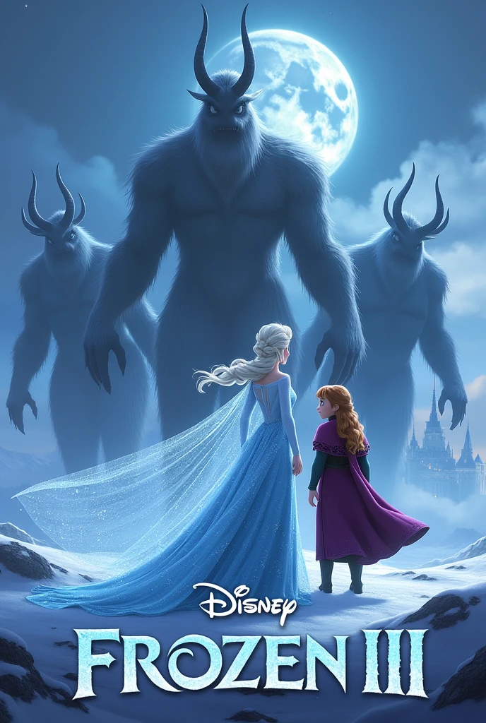 Briefly I want a cover page for FROZEN III whereby Elsa hairs fairy
long very long opeeeennnnn to be in a white white please dress hairs open and Anna
Three no face scary no face no face huge
monsters with horns and arandelle aside palace and olaf
Lastly state Disney FROZEN III please