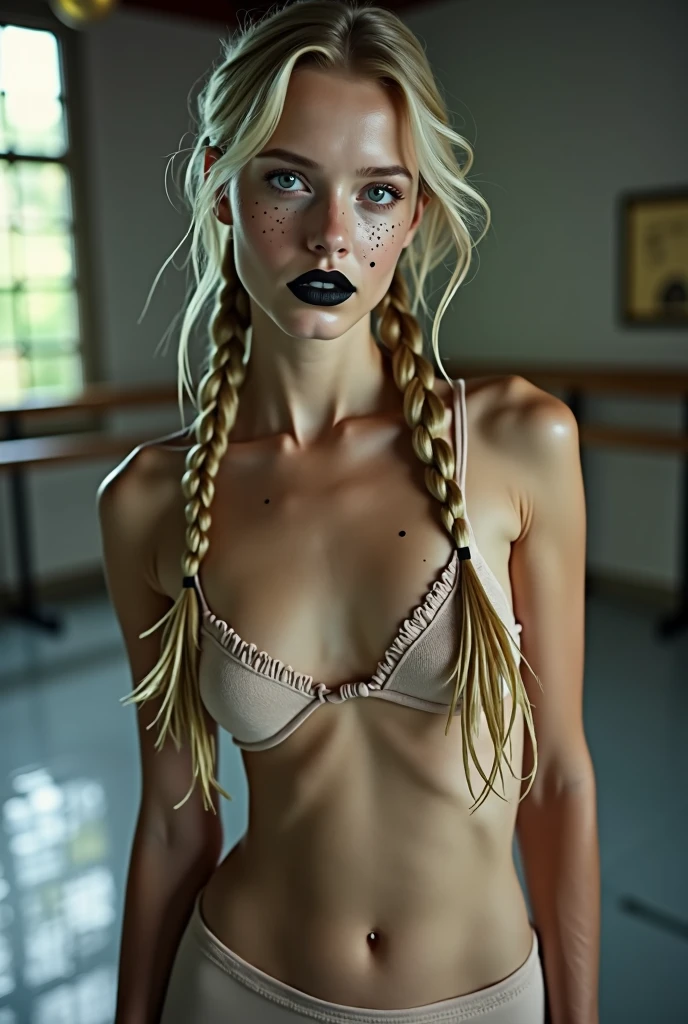 An 18 year old blonde with long braided very thin braids does nude ballet, Unclothed,flat-chested,breasts small,smeared makeup,makeup race,perfect lips, black lipstick, orthodontic appliances, freckles,eyes large,blue colored eyes,perspiring, sweats a lot,humida,very detailled, best qualityer, extreme detailed face, Perfect lightning, ballet studio background, sexually, erotic, unique, 4K, work of art