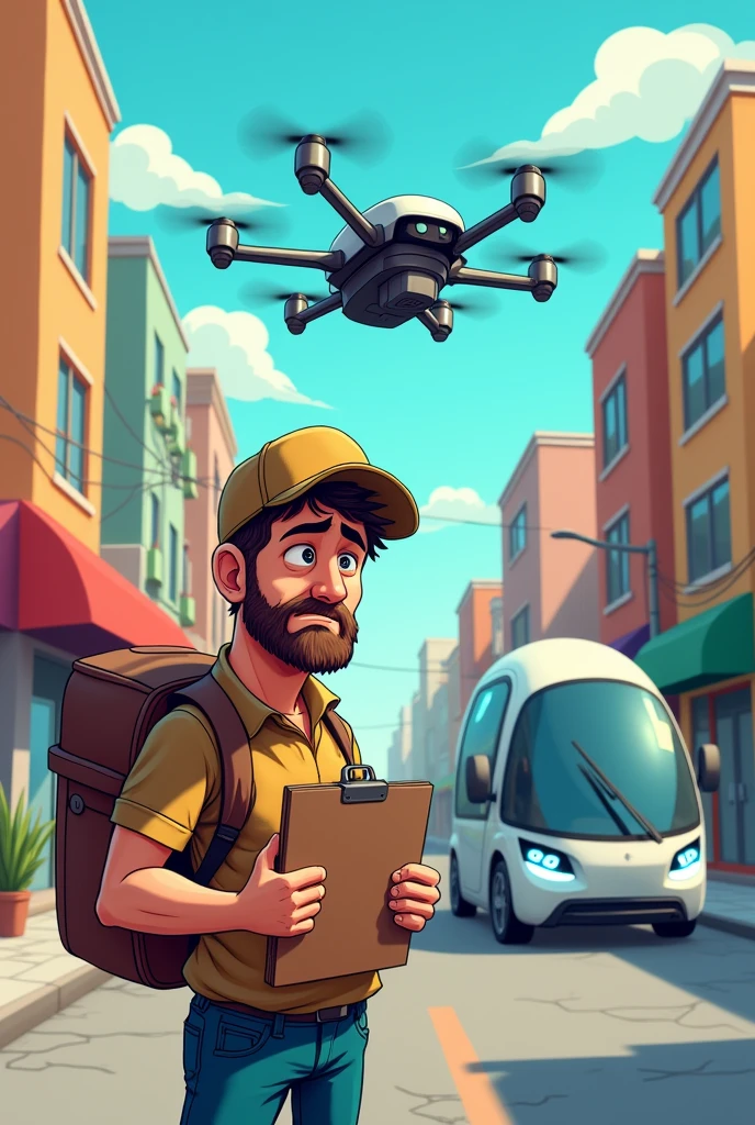 Sad delivery man seeing his job being replaced by drones and autonomous vehicles to make deliveries in cartoon