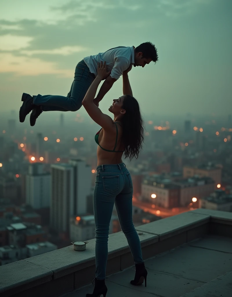 a young woman lifting a scared man over her head, standing on a rooftop near the edge, beautiful detailed face and muscles, (best quality,4k,8k,highres,masterpiece:1.2),ultra-detailed,(realistic,photorealistic,photo-realistic:1.37),hyperrealistic, muscular female figure, dramatic lighting, cinematic composition, intense expression, rooftop setting, cityscape background, tense and thrilling atmosphere